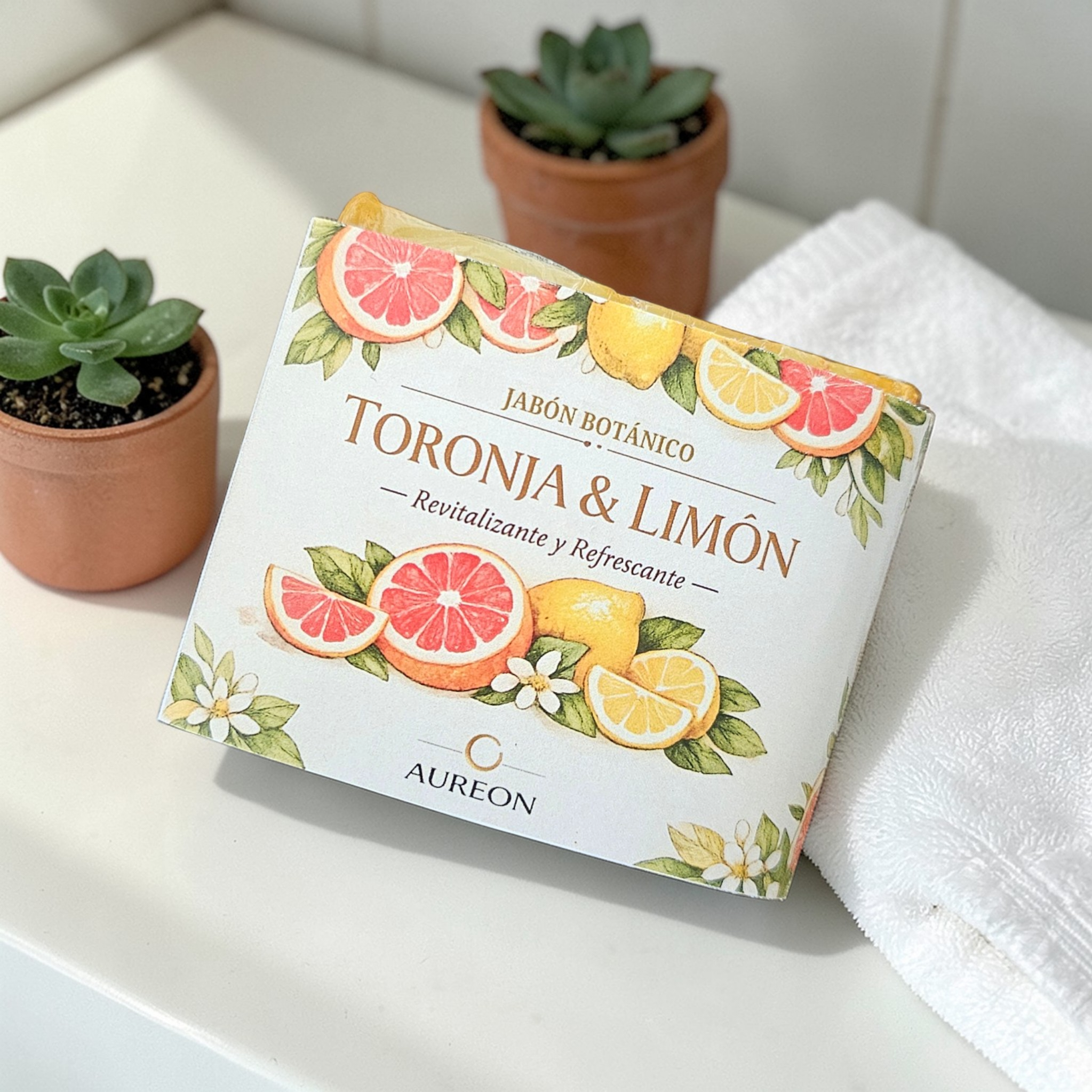 Jabon Botánico Toronja, limón y Aceite de Oliva con Vitamina E 140 g [Efecto iluminador y antioxidante]