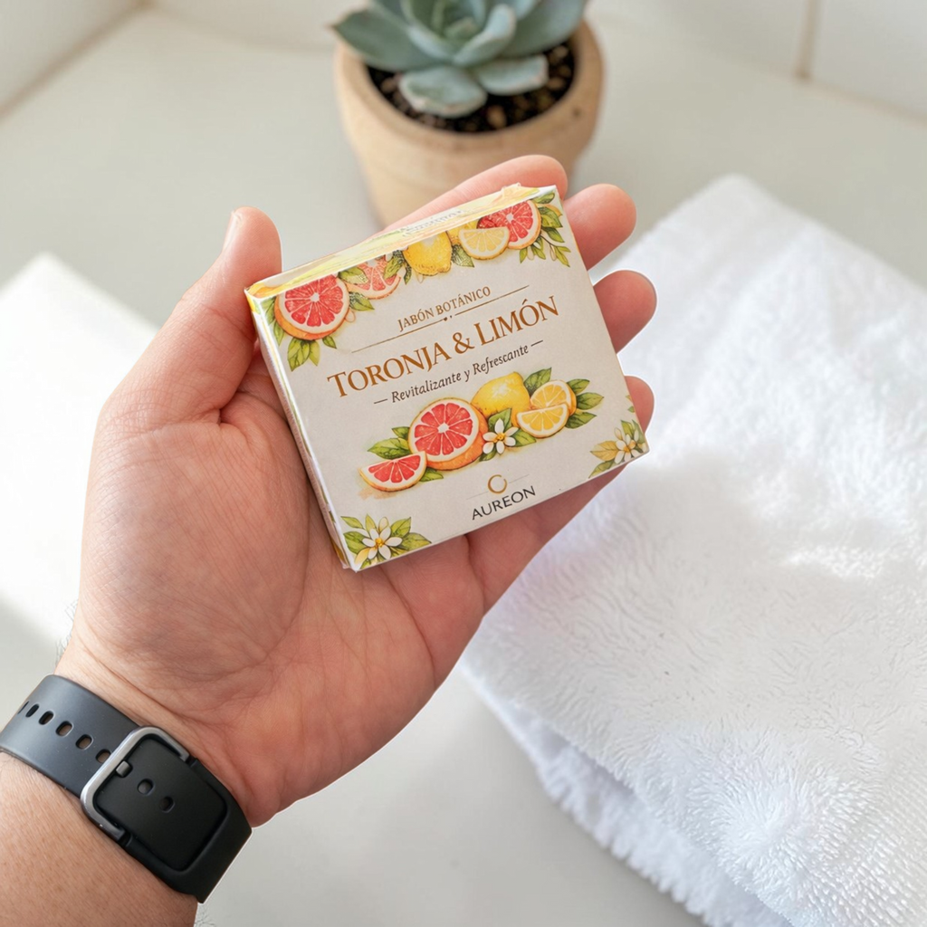 Jabon Botánico Toronja, limón y Aceite de Oliva con Vitamina E 140 g [Efecto iluminador y antioxidante]